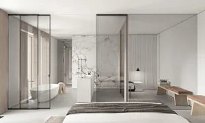 Modern bedroom with marble walls and floor