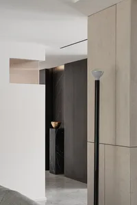 Modern interior entryway featuring concrete, marble, and wooden elements.