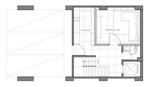 A small, modern floor plan for a residential space with a casual room, storage area, toilet, and stairs.