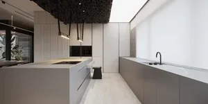 A modern kitchen design featuring sleek lines, white cabinets, and a large island.