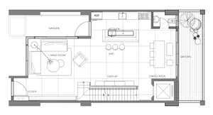 Floor plan showing a modern living room layout on a white paper background.