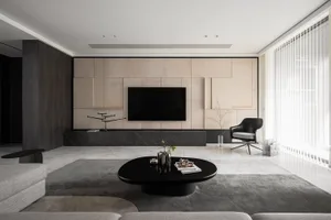 Modern living room featuring a minimalist design with marble and concrete materials.