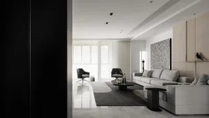 Modern living room featuring minimalist furniture in neutral tones