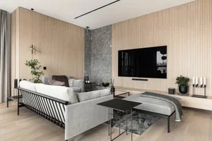 Modern living room featuring wooden panels and concrete elements.