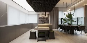 Modern interior design featuring metallic elements and minimalistic furniture.