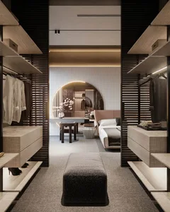 A modern luxury walk-in closet featuring wood and metal materials.