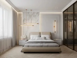 Modern bedroom with marble accent wall and minimalist design