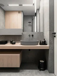 Modern minimalist bathroom featuring a concrete sink and minimalist decor.