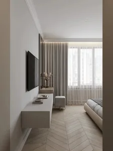 A modern minimalist bedroom featuring white furniture, wood floors, and fabric curtains.