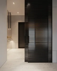 Modern Minimalist Entry Door with Matte Black Aluminum Slats Set Against Wooden Floor