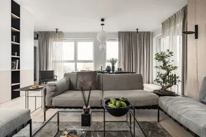 Modern minimalist living room featuring a gray sectional sofa with glass side tables, wooden flooring, and minimalist decor.