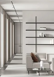 A modern living room with a neutral color palette, featuring a minimalist sofa, minimalist bookshelf, and sleek coffee table.