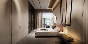 Modern bedroom with a minimalist design, featuring a bed with white bedding and a large window with curtains.
