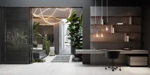 Modern office space featuring metallic, wooden, glass, and potted plants.
