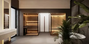 Modern spa interior design featuring wooden and bamboo materials.