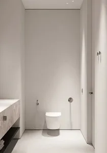 A minimalist white bathroom with a toilet and hand shower.