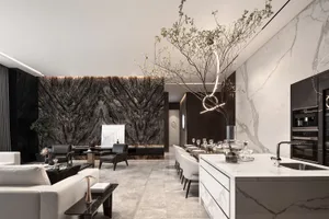 Modern residential kitchen with marble cabinets and floor, featuring minimalist design elements.