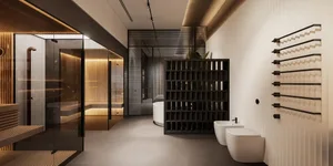 Modern bathroom featuring glass, wood, and porcelain materials with a minimalist design.