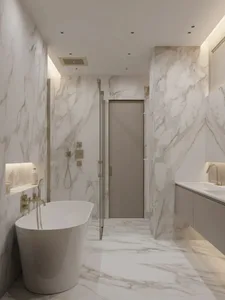 Modern bathroom with marble walls and floor, featuring a freestanding tub and a glass-enclosed shower.