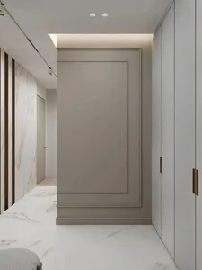 Modern interior design featuring marble walls and floors.