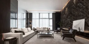 Photorealistic rendering of a modern living room featuring marble accents and sleek, contemporary furniture.