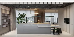 A modern kitchen with minimalist design elements, including a sleek island with a waterfall countertop and pendant lights.