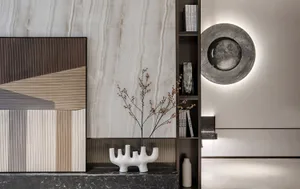 Modern minimalist interior featuring concrete and marble materials.