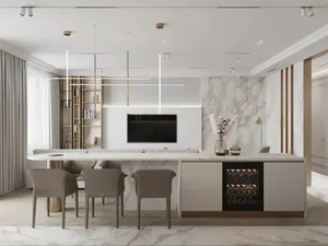 Modular minimalist-style living room with a white marble countertop and white walls.