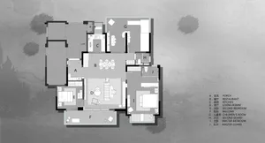 Grey-scale representation of a modern residential floor plan with labeled rooms and layout.