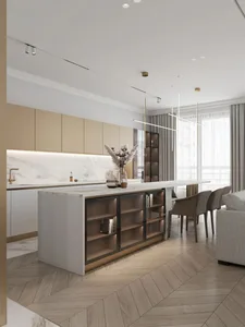 Modern kitchen with minimalist design, featuring white cabinetry and a marble countertop.