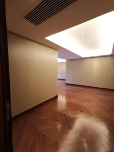 Unfurnished room with wood tiles and plain walls