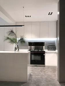 Modern, minimalist residential kitchen with concrete floor and minimalist cabinets.