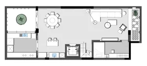 Minimalist furniture layout in a modern apartment plan.