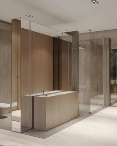 Contemporary bathroom featuring a sleek glass shower enclosure and wooden cabinetry.
