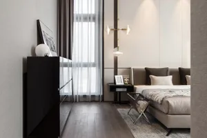 Modern bedroom interior featuring floor wood, fabric, and glass materials.