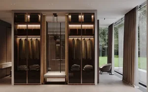 Modern closet with wooden cabinets and lighting