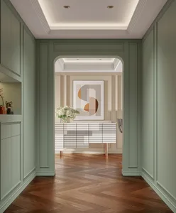 A modern living room with hardwood flooring, minimalist design elements, and a cohesive color palette.