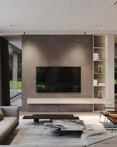 Contemporary living room featuring marble and concrete materials with a minimalist design.