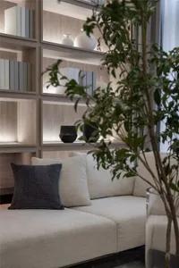 A modern living room featuring a sectional couch with blue and white cushions and a wooden bookshelf filled with books and de
