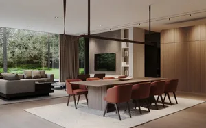A modern minimalist dining room with a wooden dining table surrounded by orange chairs, set against a background featuring a 