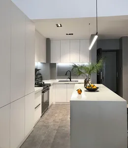Modern minimalist kitchen featuring white cabinets.