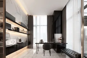 Contemporary office with marble finishes, minimalist design, and large windows.