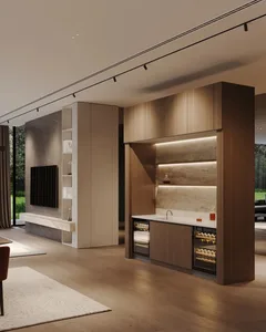 A modern residential bar with wood accents and integrated lighting.
