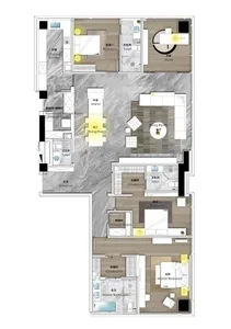 A modern residential floor plan with gray marble finishes and a variety of rooms including bedrooms, bathrooms, a kitchen, an