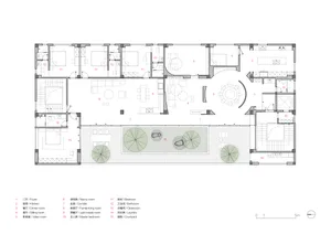 Modern residential layout including bedrooms, bathrooms, and a courtyard.