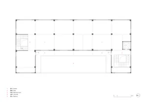 A technical drawing of an industrial building with steel beams and concrete flooring.