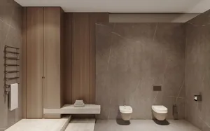 A modern bathroom featuring marble, wood, and concrete materials.