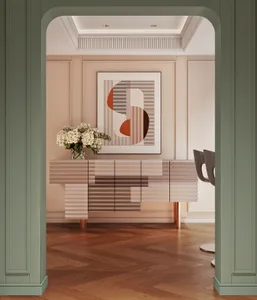 Modern dining room featuring a mix of materials including wood, metal, and fabric.
