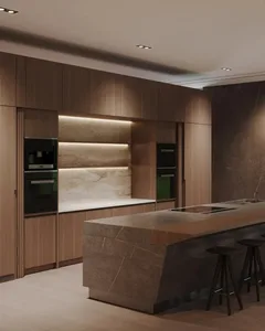 A modern industrial kitchen with wooden cabinets, marble countertops, and an island.