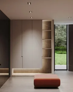 A modern interior design featuring minimalist aesthetics with concrete and metal materials.